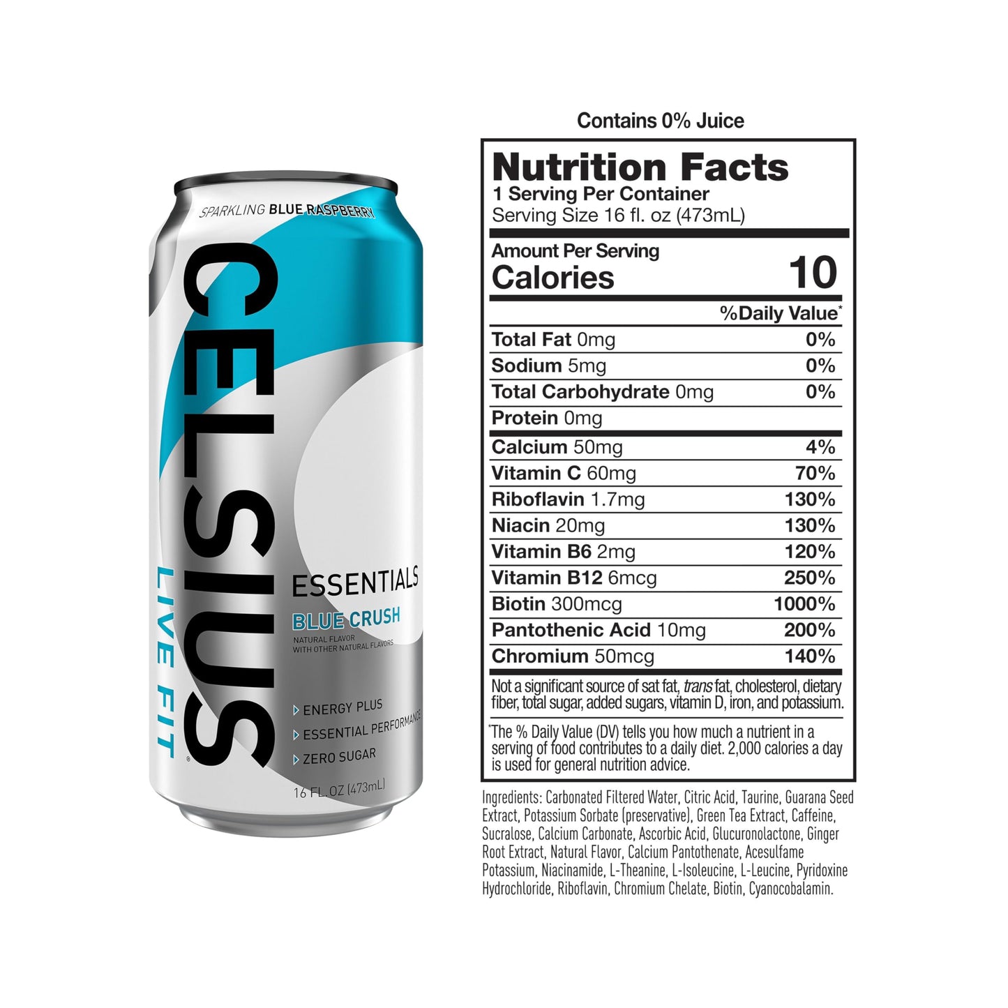 CELSIUS ESSENTIALS™ Sparkling Blue Crush, Sugar Free Energy Drink, 16 Fl Oz (Pack of 12)