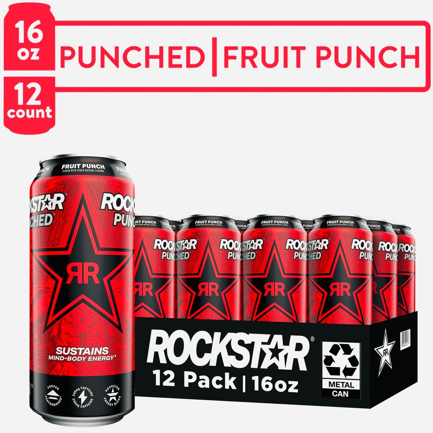 Rockstar Energy Drink, Punched, 16 Fl Oz Can (Pack of 12)