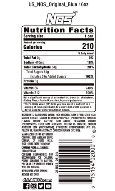NOS High Performance Energy Drink 16 Fl Oz (Pack of 24)
