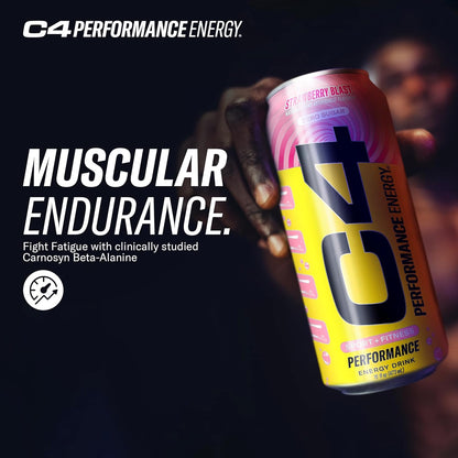 Cellucor C4 Performance Energy Drink | Strawberry Blast | Zero Sugar Carbonated Preworkout Energy | 200mg Caffeine with Beta Alanine | 16 Fl Oz (12 Pack)