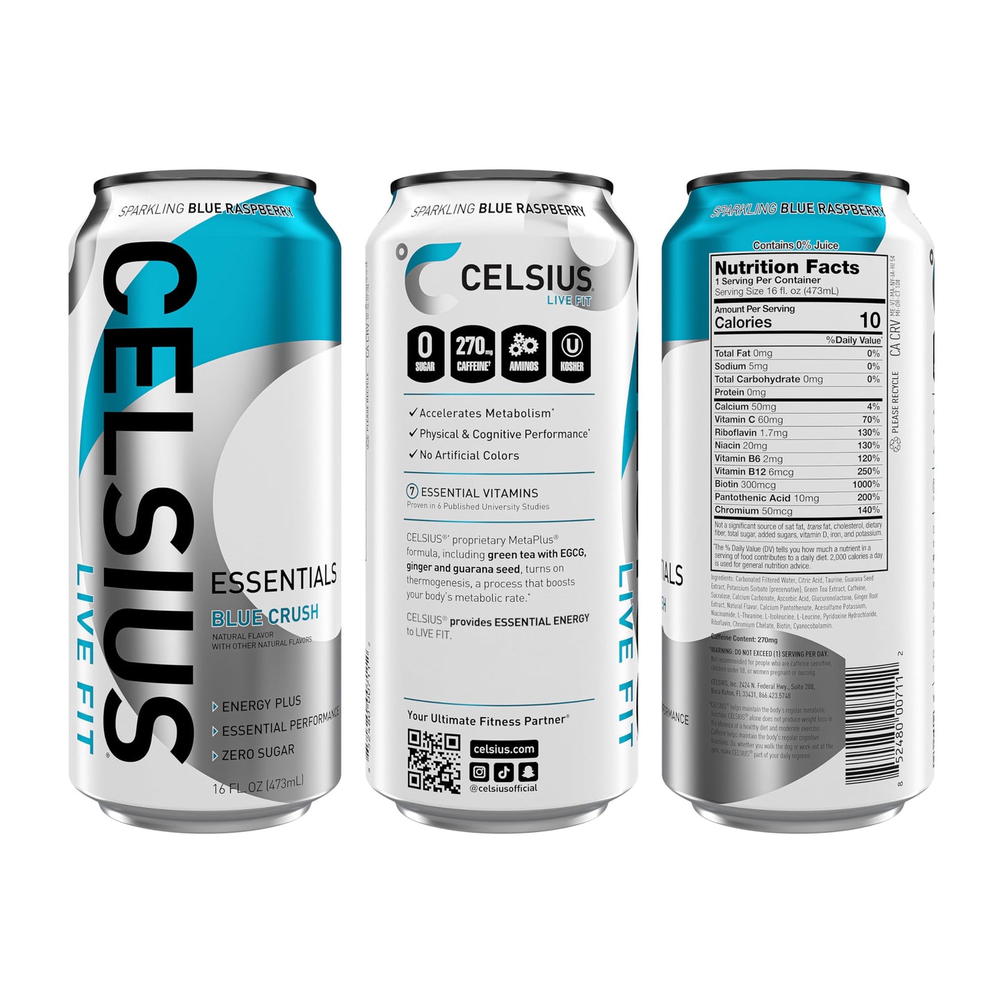 CELSIUS ESSENTIALS™ Sparkling Blue Crush, Sugar Free Energy Drink, 16 Fl Oz (Pack of 12)