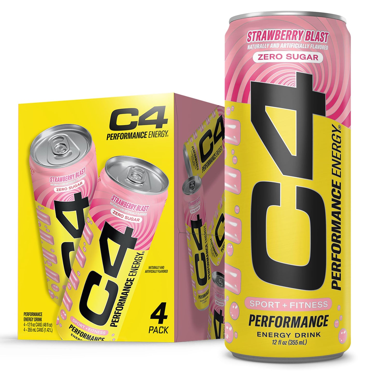 Cellucor C4 Performance Energy Drink | Strawberry Blast | Zero Sugar Carbonated Preworkout Energy | 200mg Caffeine with Beta Alanine | 16 Fl Oz (12 Pack)