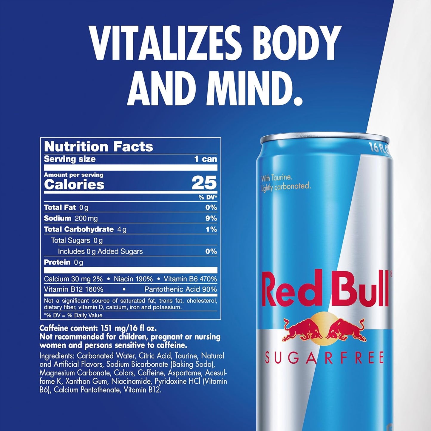 Red Bull Sugar Free Energy Drink with 151mg Caffeine plus Taurine & B Vitamins, 16 Fl Oz, Pack of 12 Cans