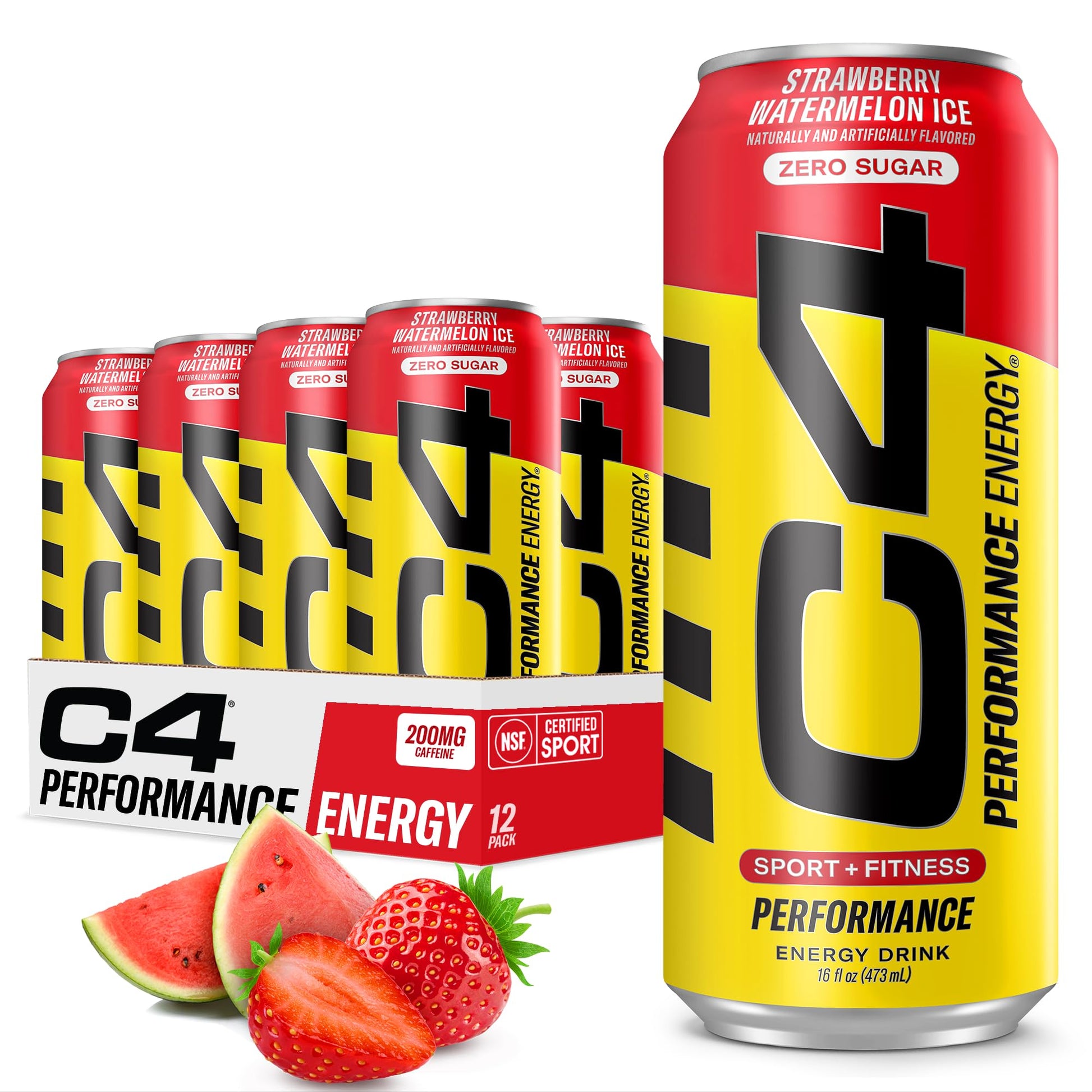 Cellucor C4 Performance Energy Drink | Strawberry Blast | Zero Sugar Carbonated Preworkout Energy | 200mg Caffeine with Beta Alanine | 16 Fl Oz (12 Pack)