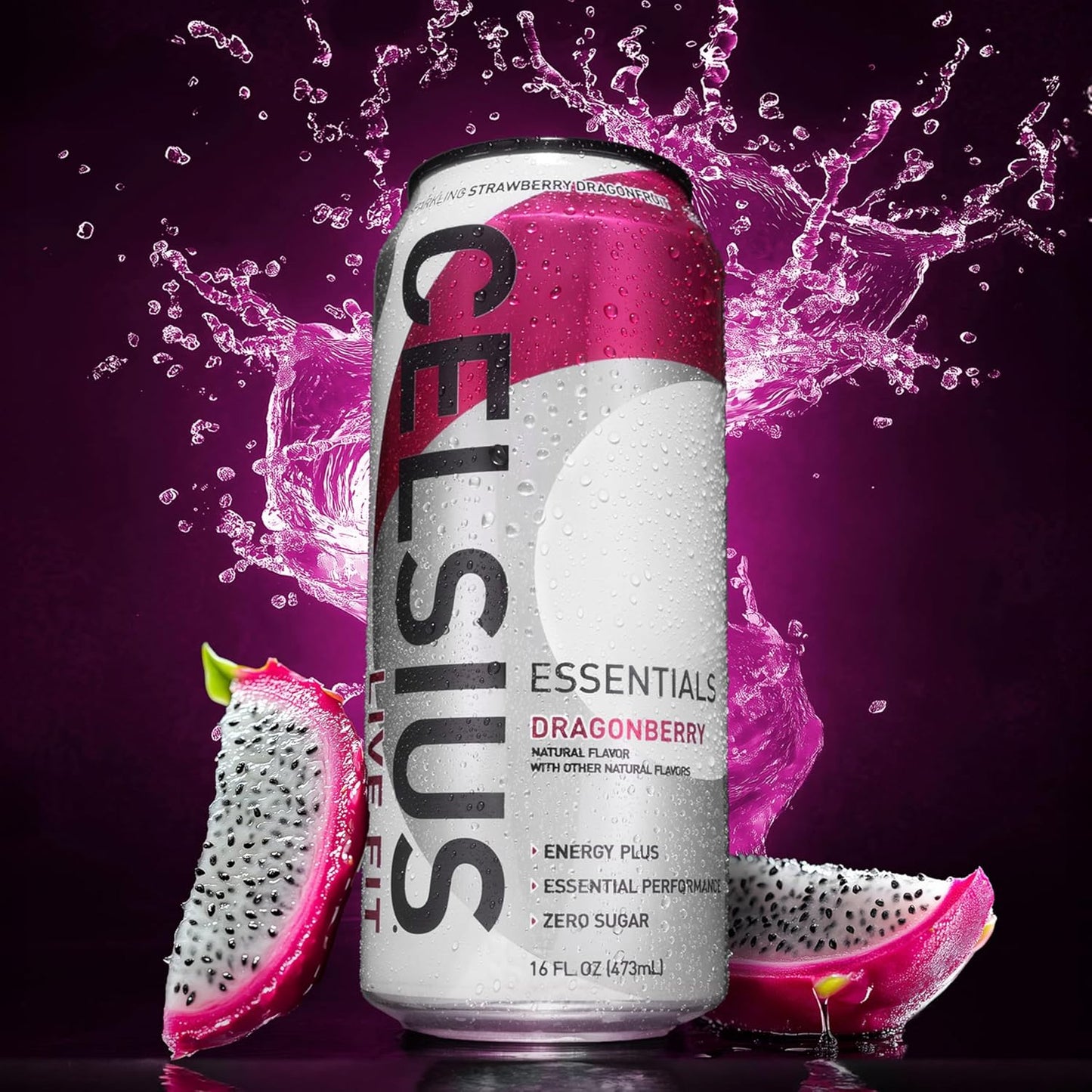 CELSIUS ESSENTIALS™ Sparkling Dragonberry, Sugar Free Performance Energy Drink, 16 Fl Oz (Pack of 12)