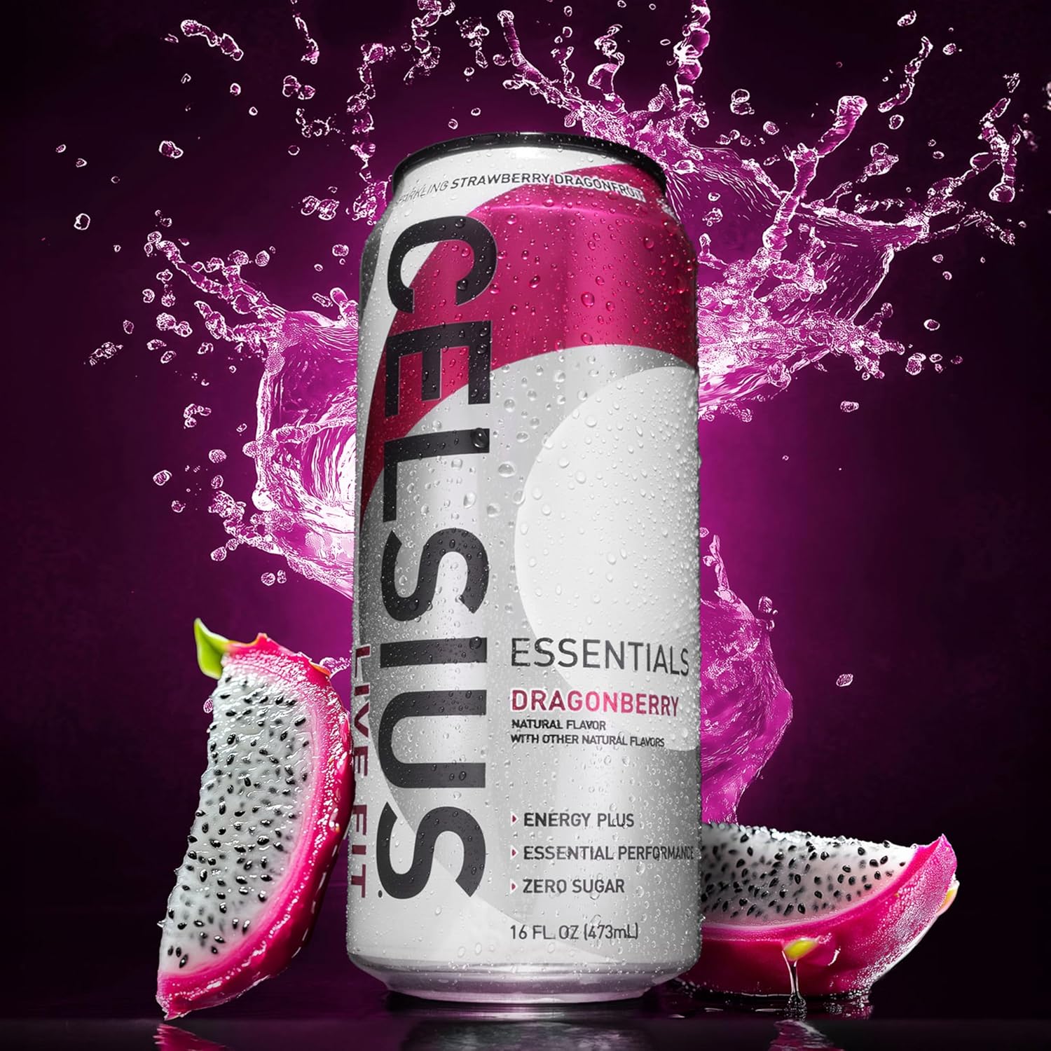CELSIUS ESSENTIALS™ Sparkling Dragonberry, Sugar Free Performance Energy Drink, 16 Fl Oz (Pack of 12)